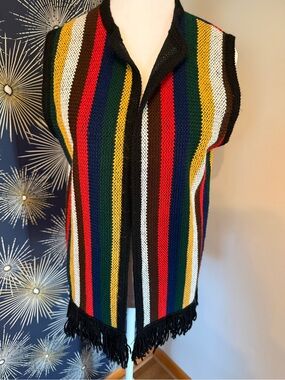 Vintage 70s Sears Vertical Rainbow Striped Knit Sweater Vest Open Front Fringe